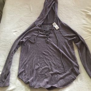 Hoodie stripped knit top. Purple and grey